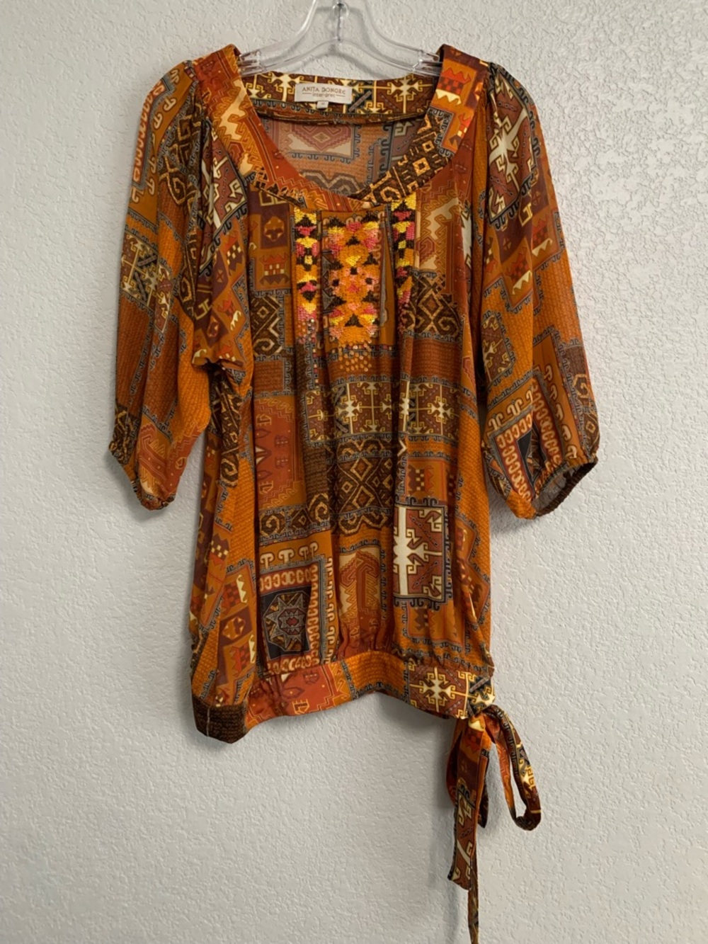 Anita Dongre Blouse Top Womens 10 Silk Sequin Tribal Print Artsy Tie Waist